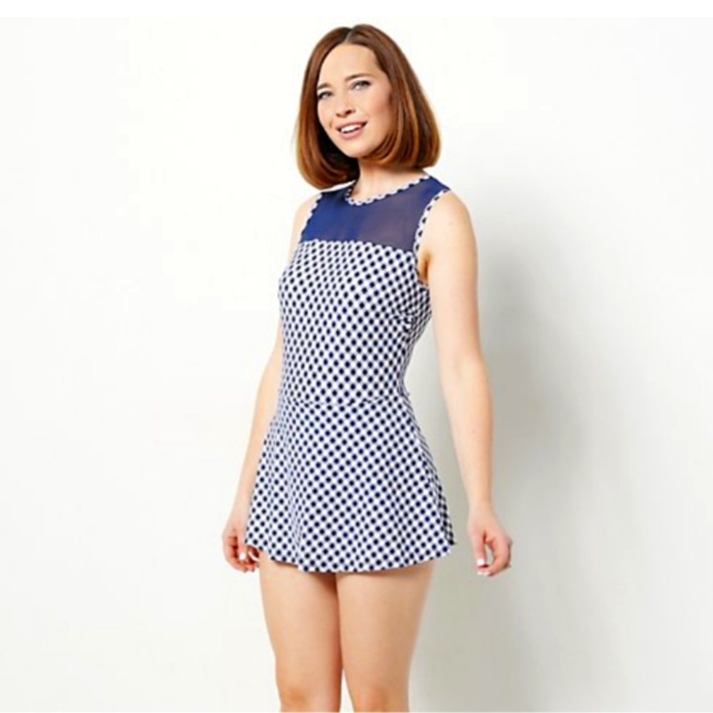 New Denim & Co Beach Mesh Navy Gingham Printed Sun Swimsuit Swim Dress 18W 1X
